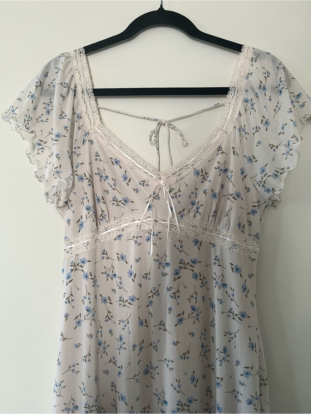 White Blue Ditsy Floral Cottagecore Babydoll Lace Midi Dress XL Romantic Dainty - Picture 2 of 9